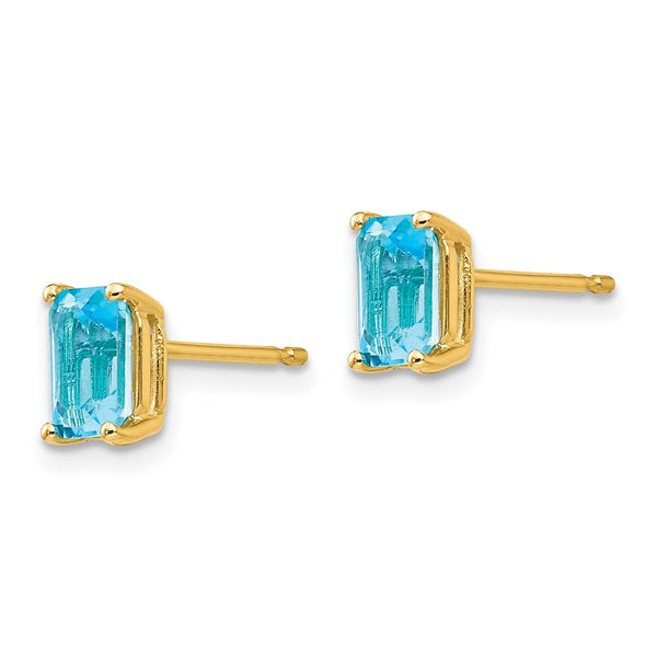 14K Gold 6x4mm Emerald Cut Blue Topaz Stud Earrings