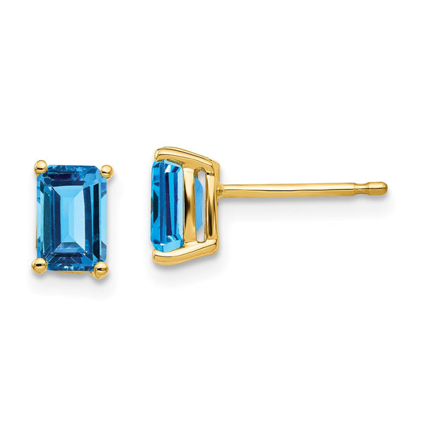 14K Gold 6x4mm Emerald Cut Blue Topaz Stud Earrings