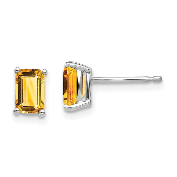 14K White Gold Emerald Cut Citrine Earrings - 6x4mm
