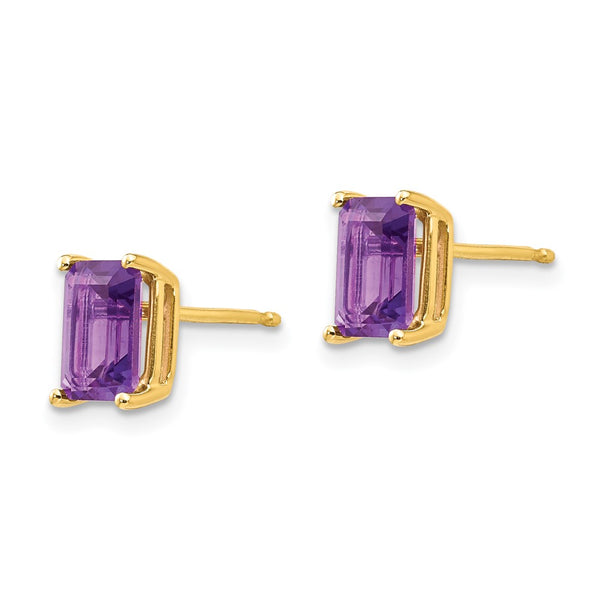 14K Gold Emerald Cut Amethyst Earrings - 7x5mm