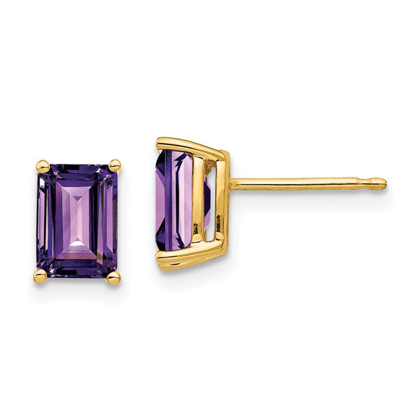 14K Gold Emerald Cut Amethyst Earrings - 7x5mm