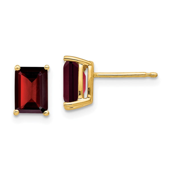 14K Gold Emerald Cut Garnet Earrings - 7x5mm