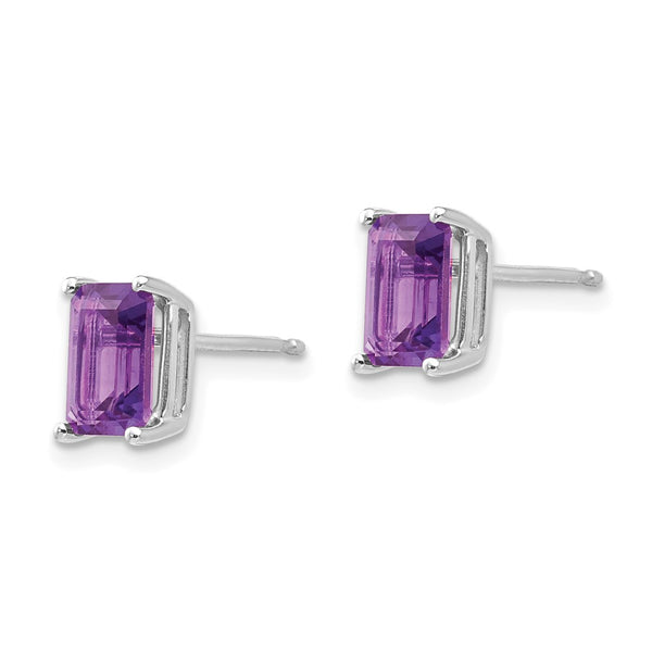 14K White Gold Emerald Cut Amethyst Earrings - 7x5mm