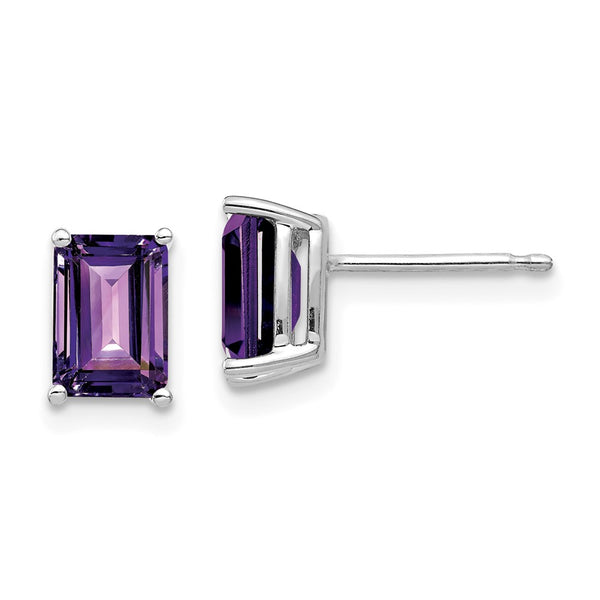 14K White Gold Emerald Cut Amethyst Earrings - 7x5mm