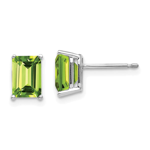14K White Gold Emerald Cut Peridot Earrings - 7x5mm