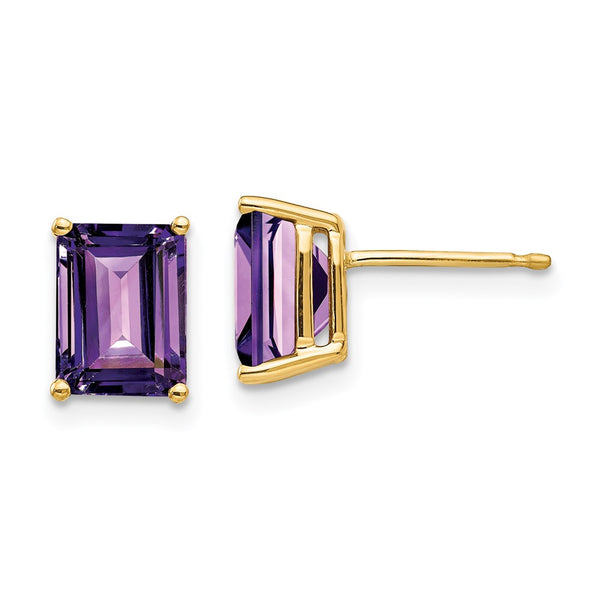 14K Gold 8x6mm Emerald Cut Amethyst Earrings