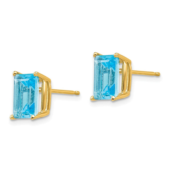 14K Gold Emerald Cut Blue Topaz Earrings - 8x6mm