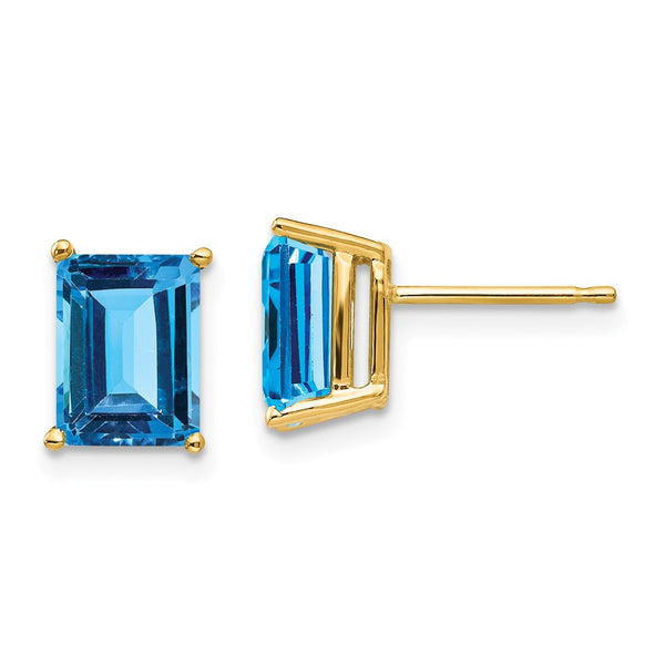 14K Gold Emerald Cut Blue Topaz Earrings - 8x6mm