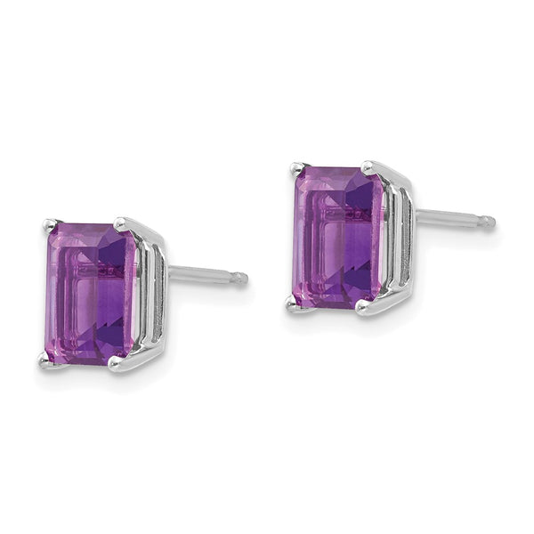 14K White Gold Emerald Cut Amethyst Earrings - 8x6mm