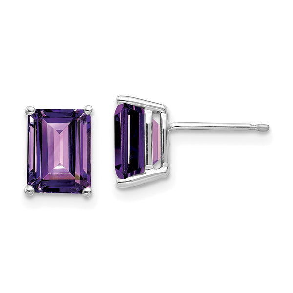 14K White Gold Emerald Cut Amethyst Earrings - 8x6mm