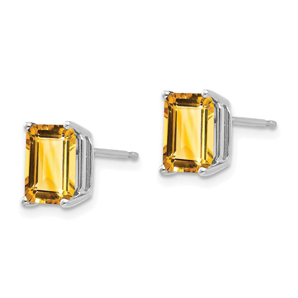 14K White Gold Emerald Cut Citrine Earrings - 8x6mm