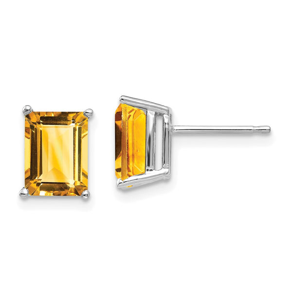 14K White Gold Emerald Cut Citrine Earrings - 8x6mm