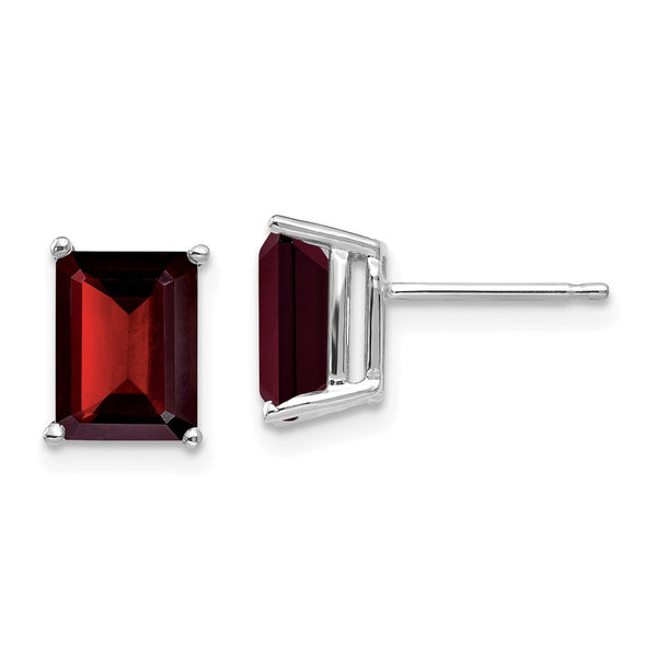 14K White Gold Emerald Cut Garnet Earrings - 8x6mm
