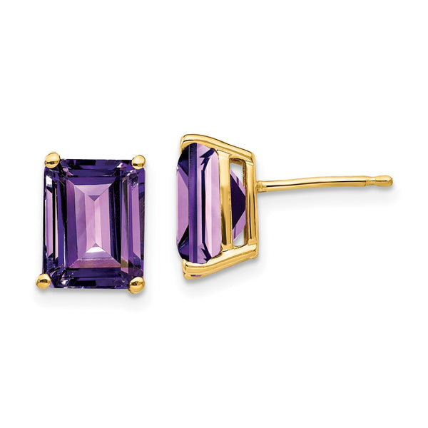 14K Gold 9x7mm Emerald Cut Amethyst Earrings