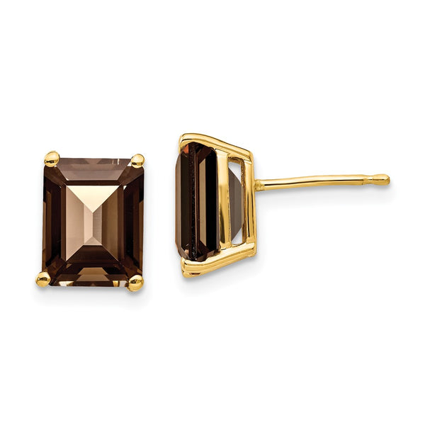 14K Gold 9x7mm Emerald & Smoky Quartz Earrings