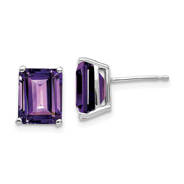 14K White Gold Emerald Cut Amethyst Earrings - 9x7mm