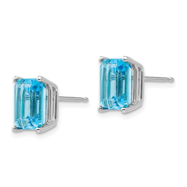 14K White Gold Emerald Cut Blue Topaz Earrings - 9x7mm