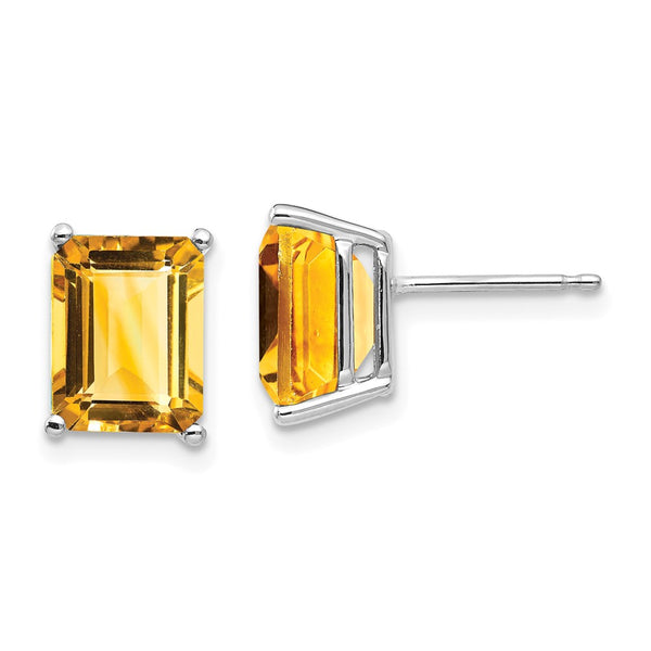 14K White Gold Emerald Cut Citrine Earrings - 9x7mm
