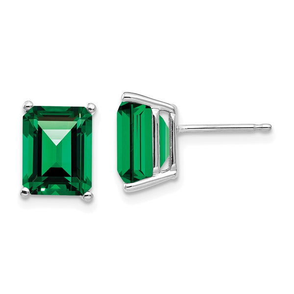 14K White Gold Emerald Cut Earrings - 9x7mm