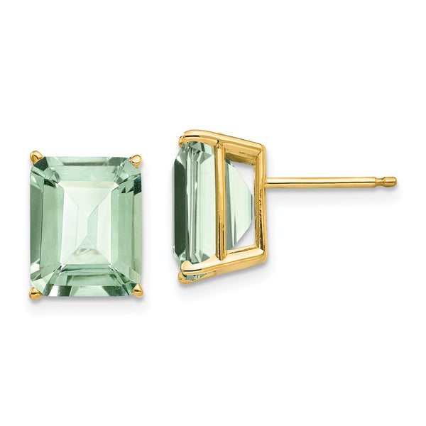 14K Gold Emerald-Cut Green Quartz Earrings - 10x8 mm