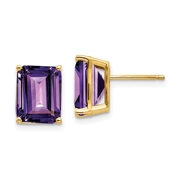 14K Gold Emerald Cut Amethyst Earrings - 10x8mm