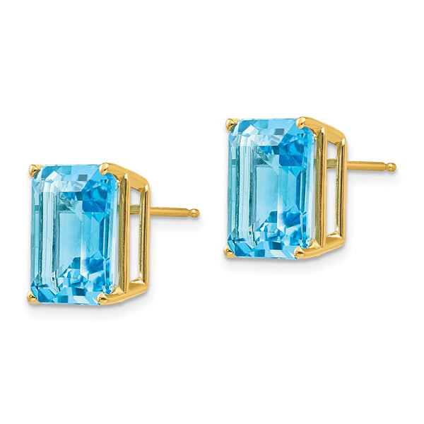 14K Gold Emerald Cut Blue Topaz Earrings - 12x10mm