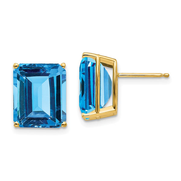 14K Gold Emerald Cut Blue Topaz Earrings - 12x10mm