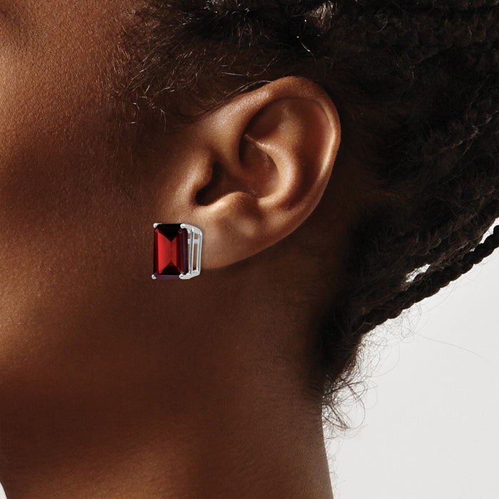 Designer 14K White Gold Emerald-Cut Garnet Stud Earrings - Stylish Luxury-3
