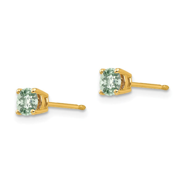 14K Gold 4mm Round Checker-Cut Green Quartz Stud Earrings