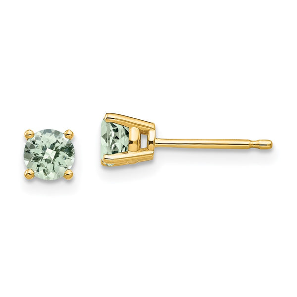 14K Gold 4mm Round Checker-Cut Green Quartz Stud Earrings