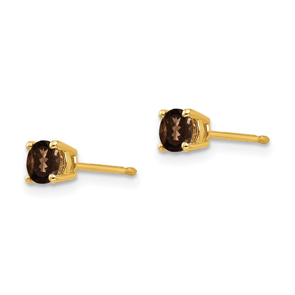 14K Gold 4mm Round Smoky Quartz Stud Earrings