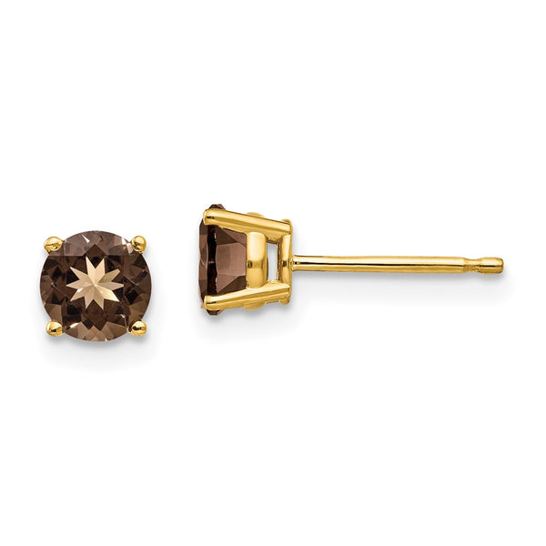 14K Gold 5mm Round Smoky Quartz Stud Earrings