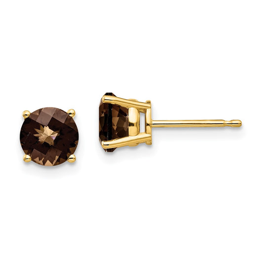 Exclusive 14K Gold 6mm Round Checkerboard Smoky Quartz Earrings - Affordable Luxury