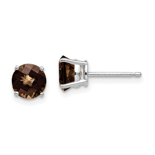 Exclusive 14K Gold 6mm Round Checker-Cut Smoky Quartz Stud Earrings