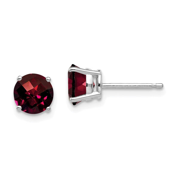 14K White Gold 6mm Garnet Checkerboard Earrings