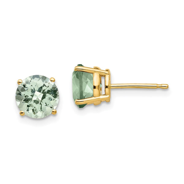 14K Gold 7mm Round Checker-Cut Green Quartz Earrings - Style GR1-1014222