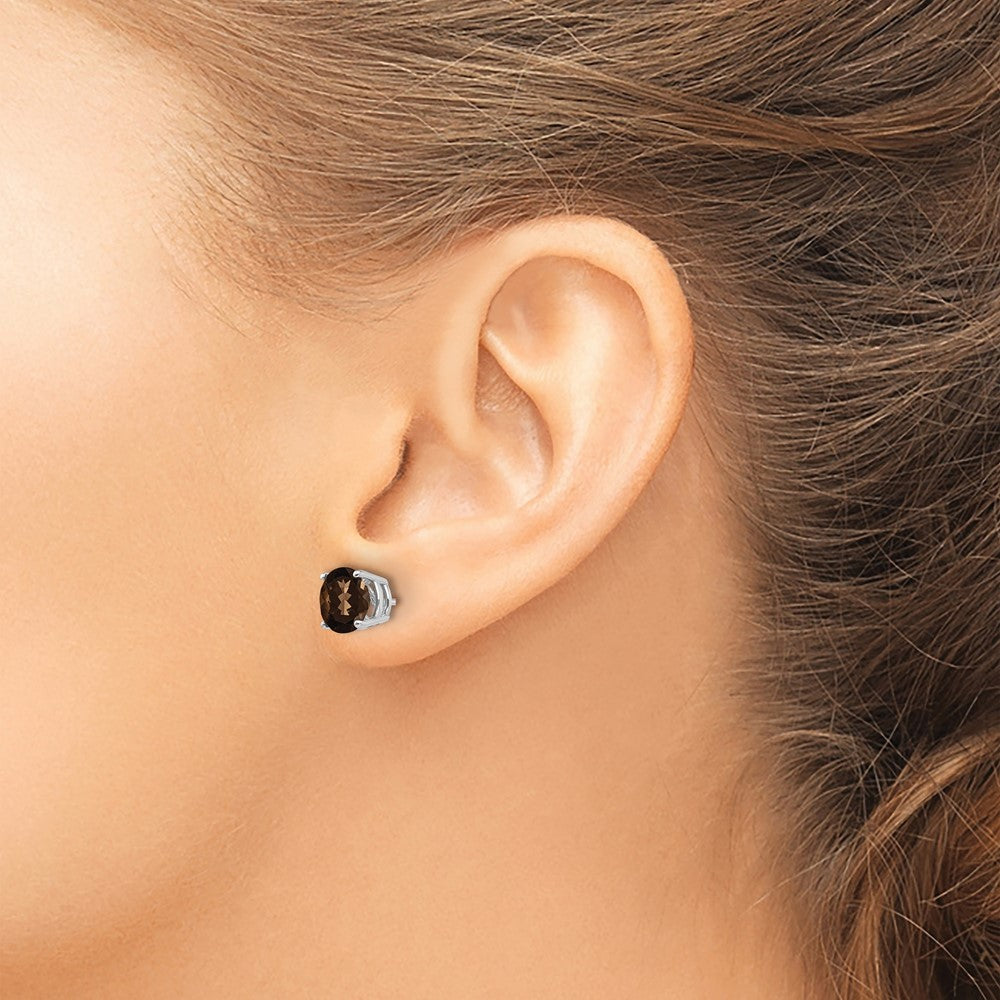 High-Quality 14K Gold 7mm Round Checker-Cut Smoky Quartz Earrings - Stylish Value