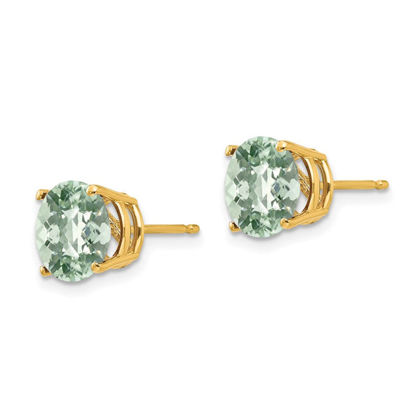 14K Gold 8mm Round Checker-Cut Green Quartz Earrings