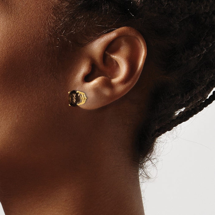 High-Quality 14K Gold 8mm Round Checkerboard Smoky Quartz Earrings - Stylish Value!-3