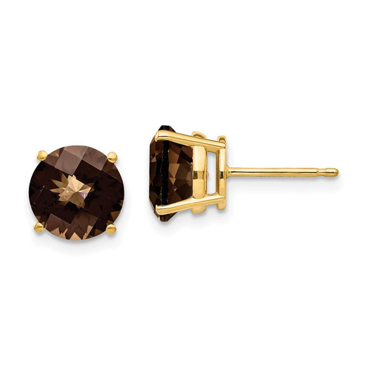 High-Quality 14K Gold 8mm Round Checkerboard Smoky Quartz Earrings - Stylish Value!