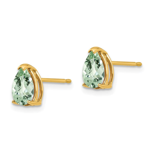 14K Gold 7x5mm Checker-Cut Green Quartz Pear Earrings