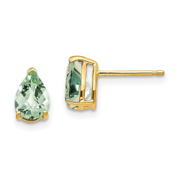 14K Gold 7x5mm Checker-Cut Green Quartz Pear Earrings