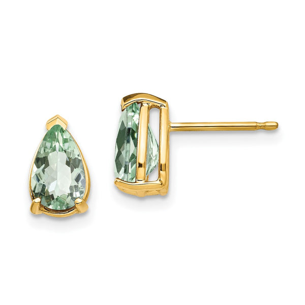 14K Gold Pear-Shaped Green Quartz Earrings, 8x5mm