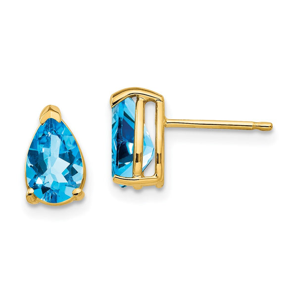 14K Gold Blue Topaz Earrings, 8x5mm Pear-Shaped