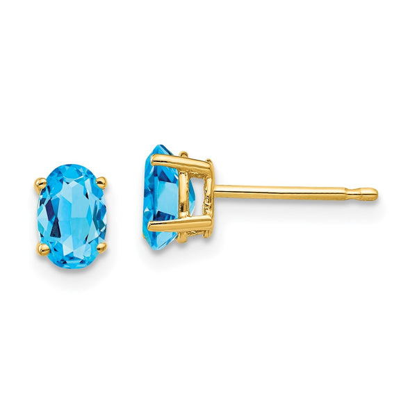 14K Gold Blue Topaz Stud Earrings - 6x4mm