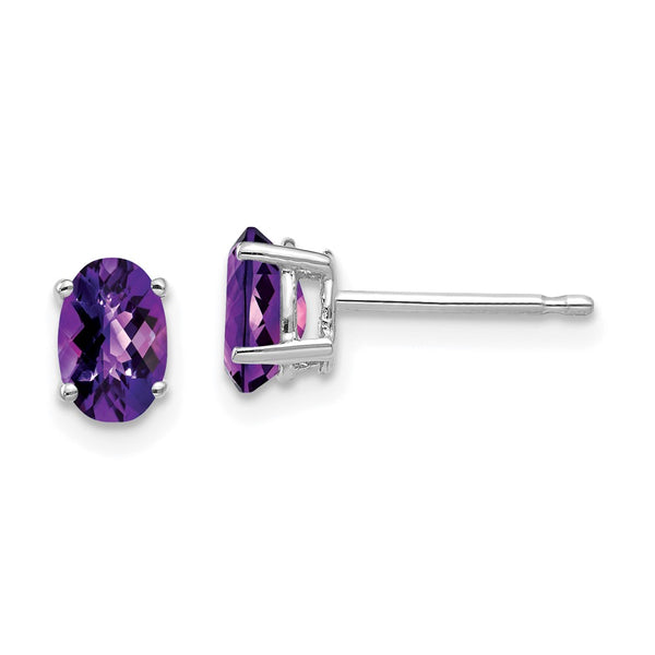 14K White Gold Oval Amethyst Earrings - 6x4mm