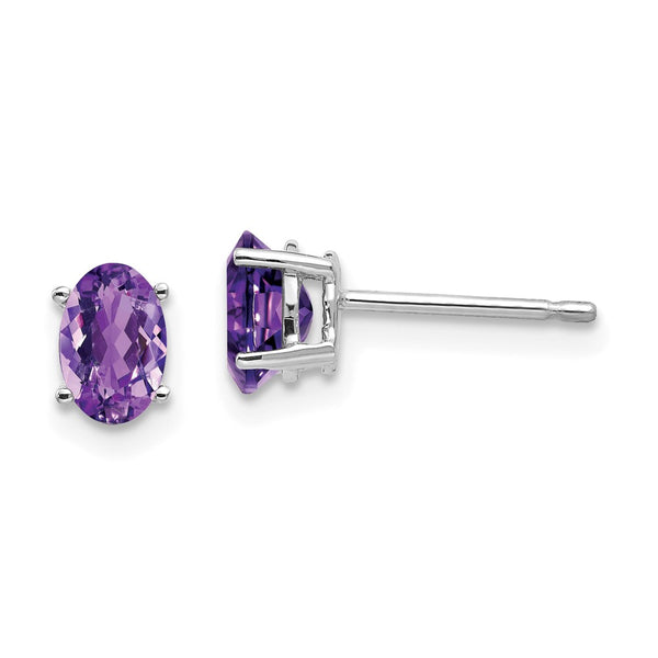 14K White Gold Oval Amethyst Earrings - 6x4mm Gemstones