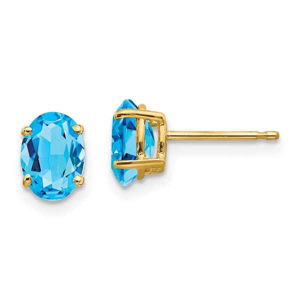 14K Gold Blue Topaz Stud Earrings - 7x5mm