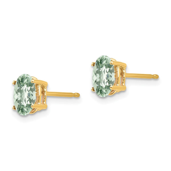14K Gold 7x5mm Oval Checker-Cut Green Quartz Earrings