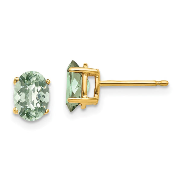 14K Gold 7x5mm Oval Checker-Cut Green Quartz Earrings
